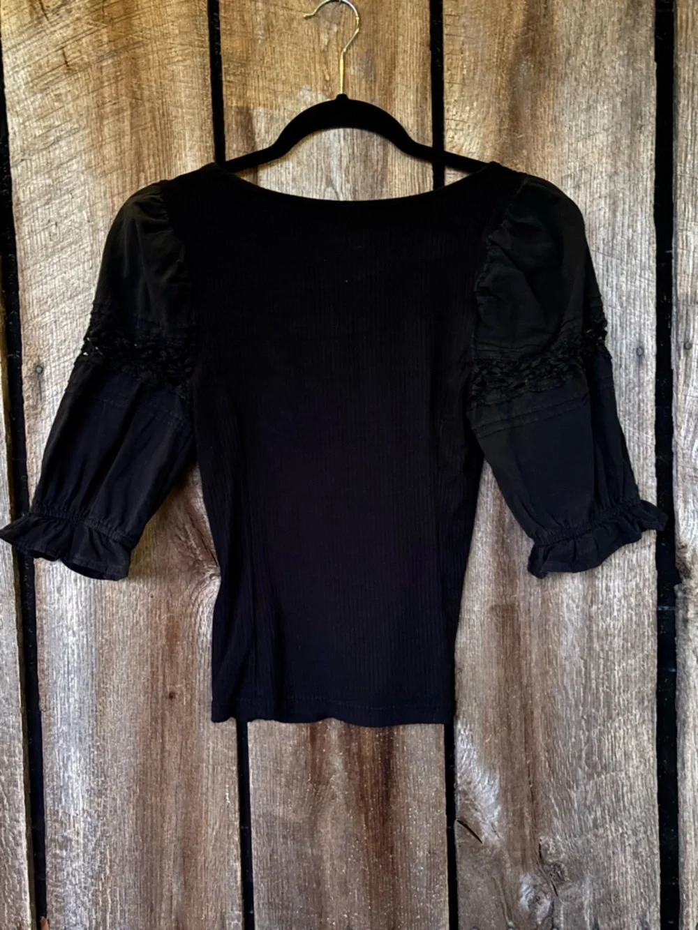 Free People Black Ribbed Puff Sleeve Crochet Detail Top XS Boho‎ Cottagecore